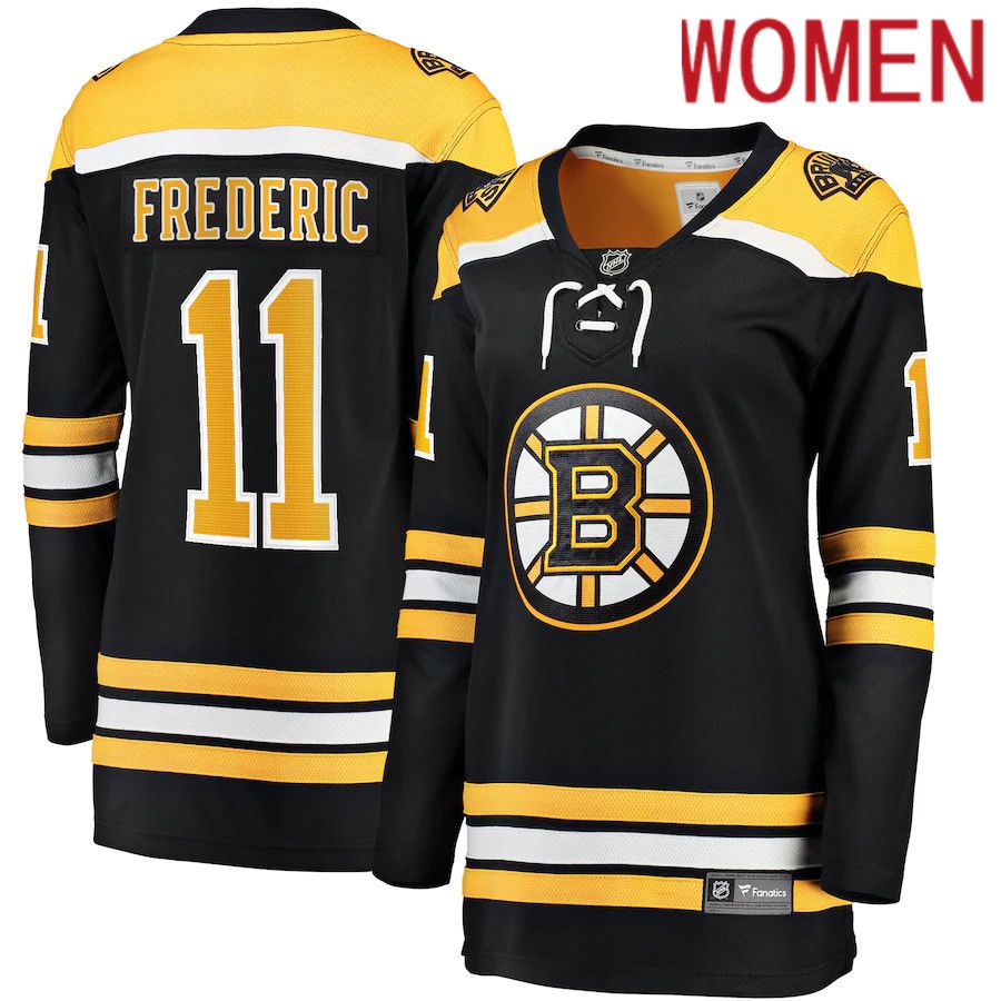 Women Boston Bruins #11 Trent Frederic Fanatics Branded Black Home Breakaway Player NHL Jersey